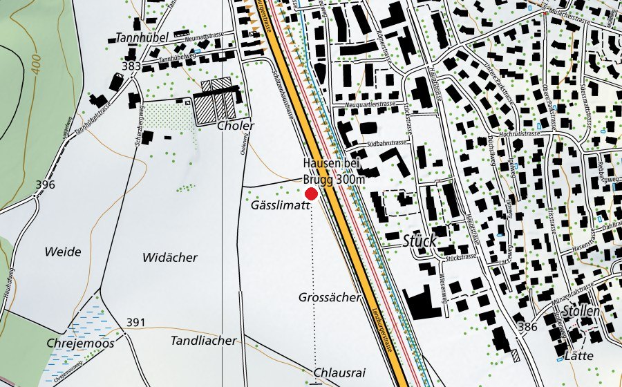 Map showing the location of Hausen bei Brugg 300 m (Sports centre)