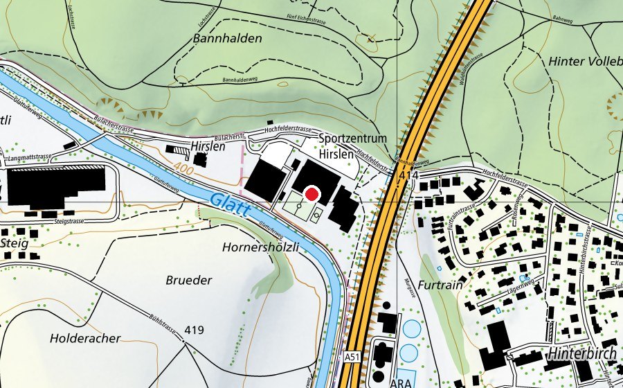 Map showing the location of Hirslen (Sports centre)