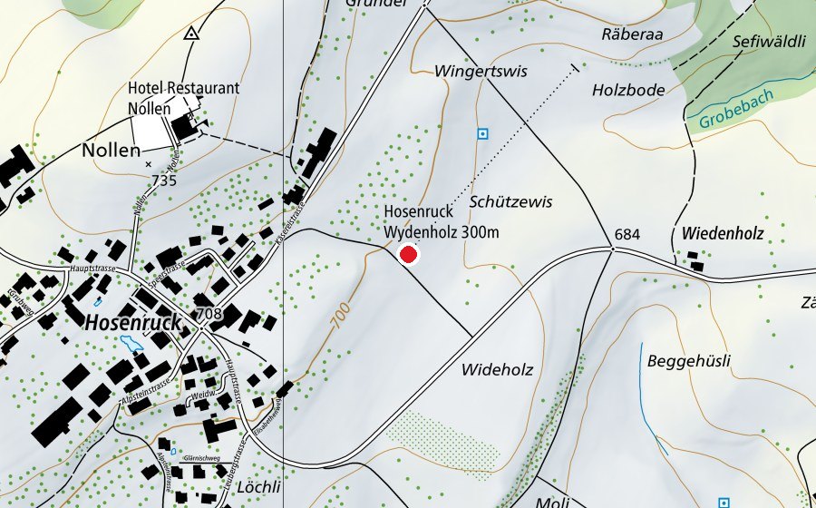 Mappa con la posizione di Hosenruck Wydenholz 300 m (Centro sportivo)