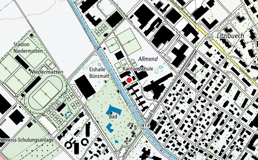 Map showing the location of Kantonsschule Turnhalle 1 (Sports centre)