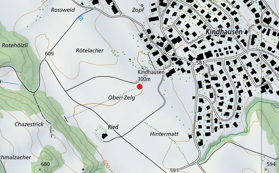 Karte mit dem Standort von Kindhausen 300 m (Sportanlage)