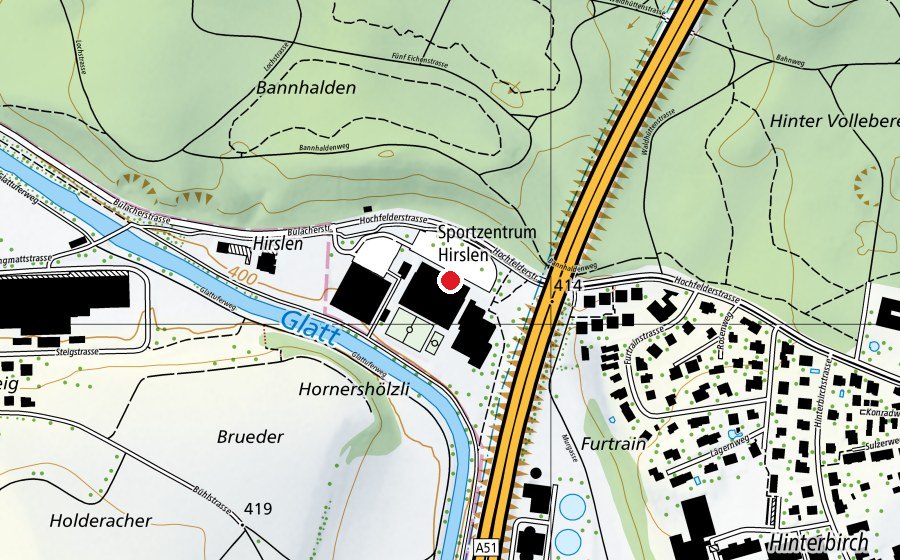 Karte mit dem Standort von Klettern und Bouldern Hirslen (Sportanlage)