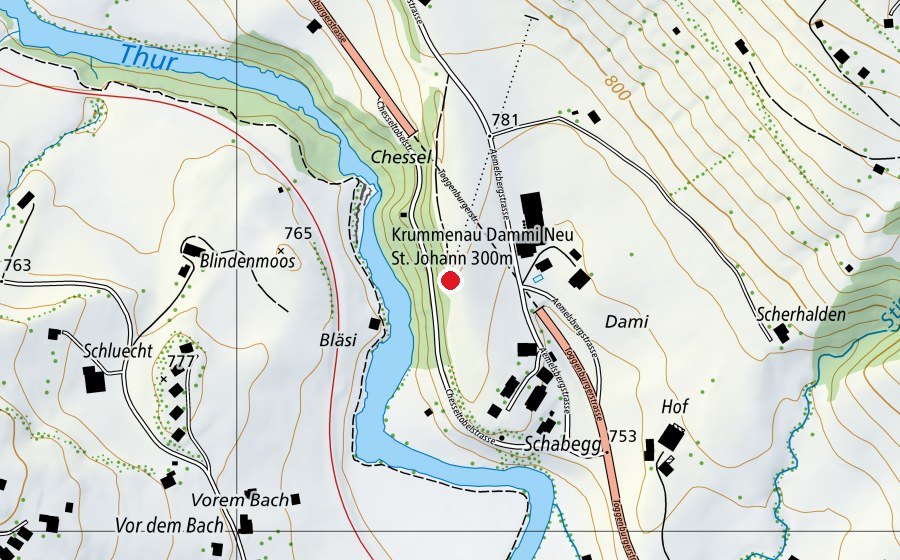 Map showing the location of Krummenau Dammi Neu St. Johann 300 m (Sports centre)