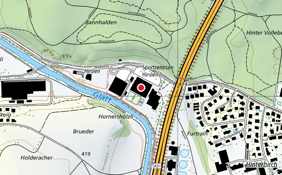 Mappa con la posizione di Kunsteisbahn Hirslen (Centro sportivo)