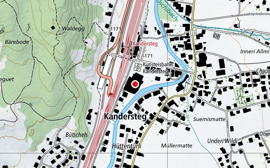 Map showing the location of Kunsteisbahn Kandersteg (Sports centre)