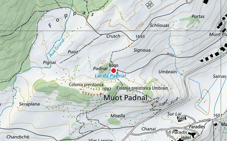 Carte indiquant l’emplacement de Lai da Padnal (Centre sportif)