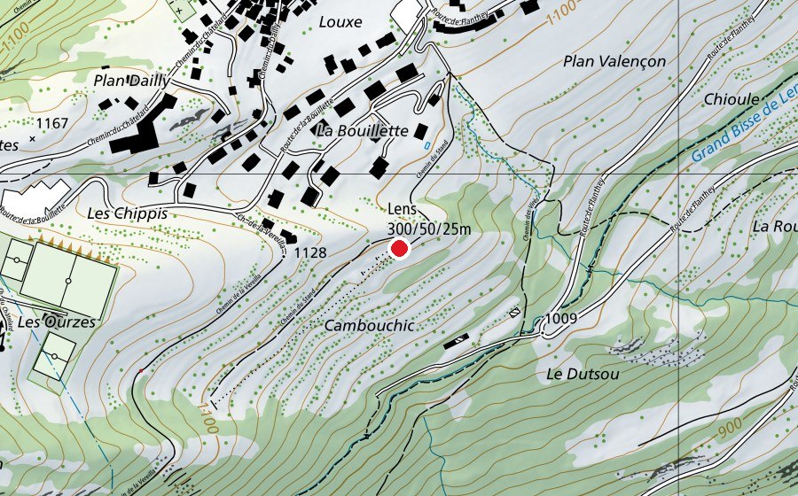 Map showing the location of Lens 300/50/25 m (Sports centre)