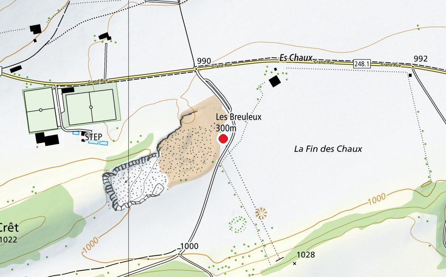 Map showing the location of Les Breuleux 300 m (Sports centre)