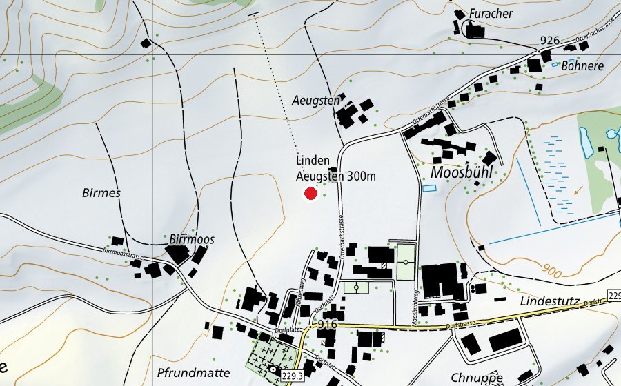Map showing the location of Linden Aeugsten 300 m (Sports centre)