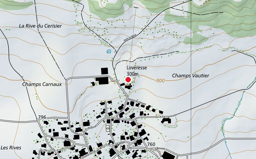 Mappa con la posizione di Loveresse 300 m (Centro sportivo)