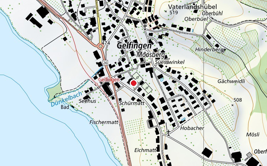 Map showing the location of Mehrzweckgebäude Huusmättli (Sports centre)