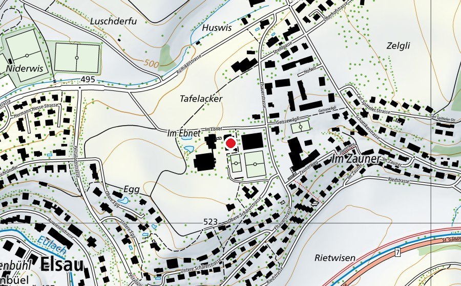 Carte indiquant l’emplacement de Mehrzweckhalle Elsau (Centre sportif)