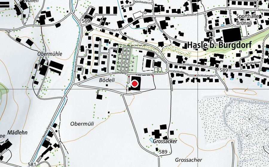 Map showing the location of Mehrzweckhalle (Sports centre)