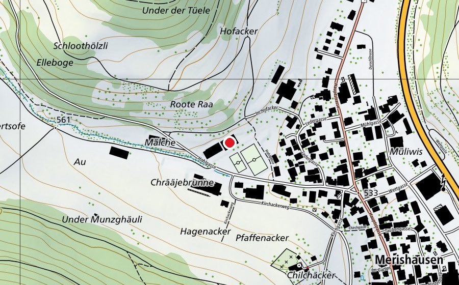 Mappa con la posizione di Mehrzweckhalle Merishausen (Centro sportivo)