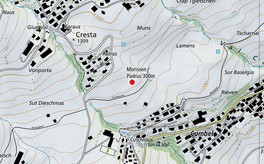 Map showing the location of Morissen Padrus 300 m (Sports centre)