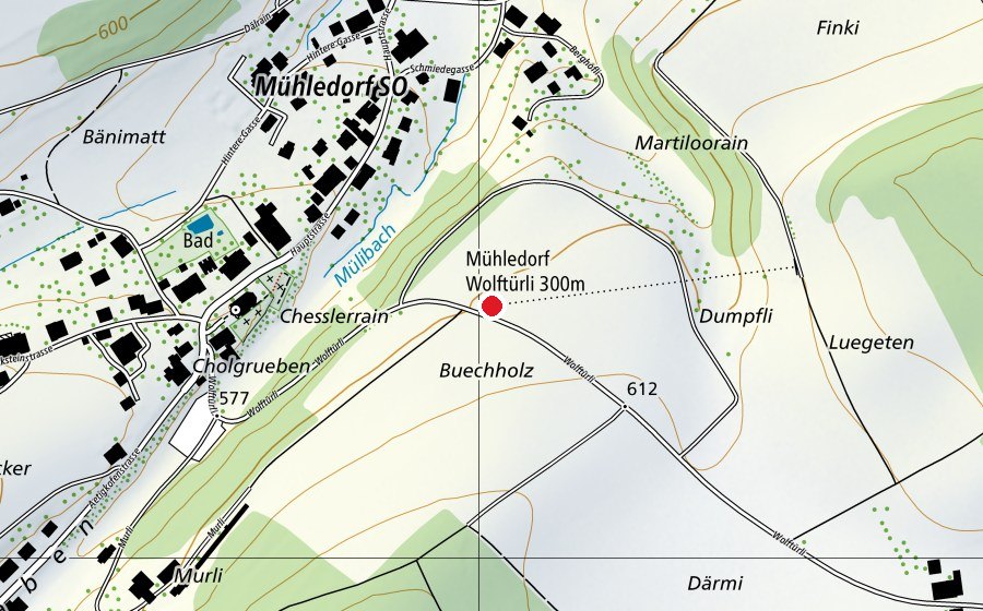 Mappa con la posizione di Mühledorf Wolftürli 300 m (Centro sportivo)