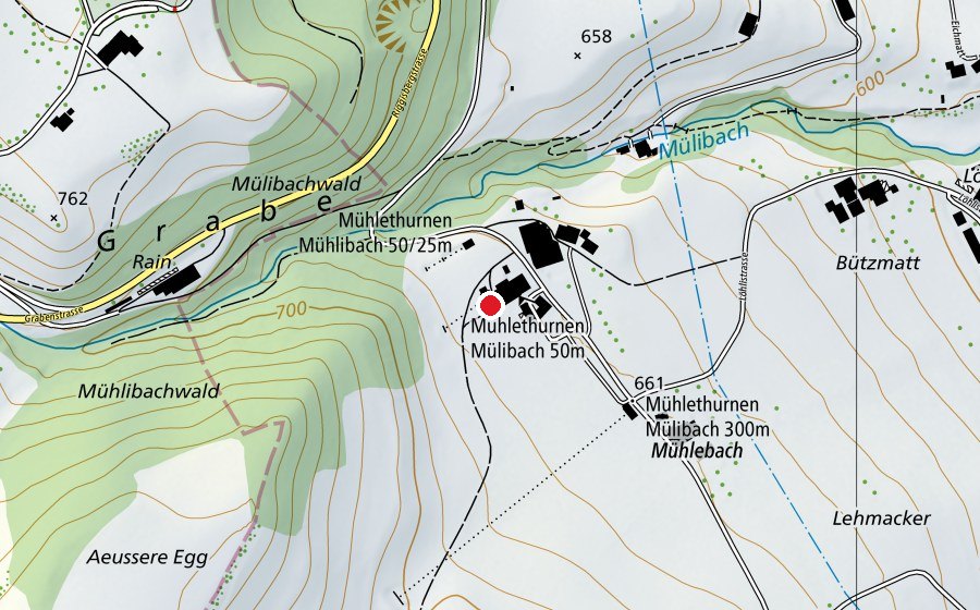 Karte mit dem Standort von Mühlethurnen Mühlibach 50 m (Sportanlage)