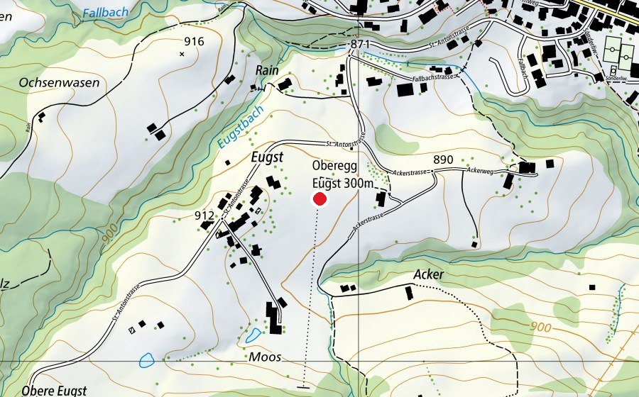 Map showing the location of Oberegg Eugst 300 m (Sports centre)