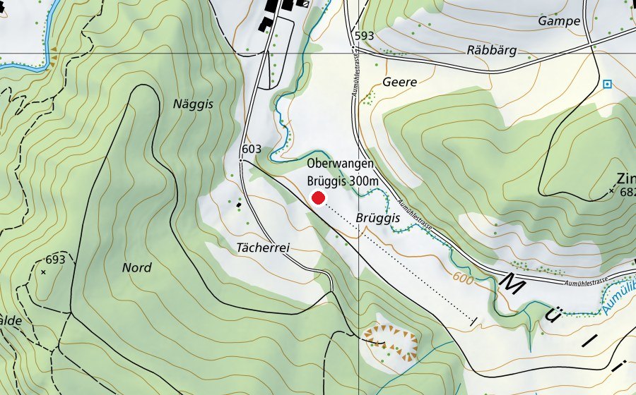 Map showing the location of Oberwangen Brüggis 300 m (Sports centre)