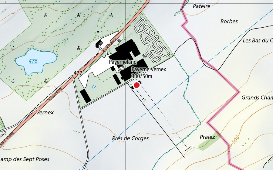 Map showing the location of Payerne Vernex 300 m (Sports centre)