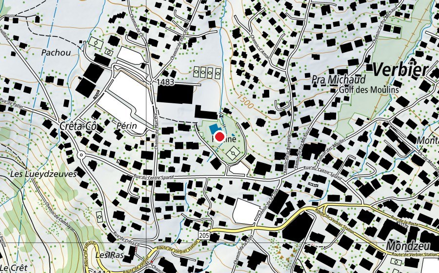 Mappa con la posizione di Piscine de Verbier (Centro sportivo)