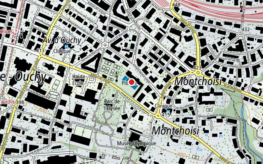 Map showing the location of Piscine et patinoire de Montchoisi (Sports centre)
