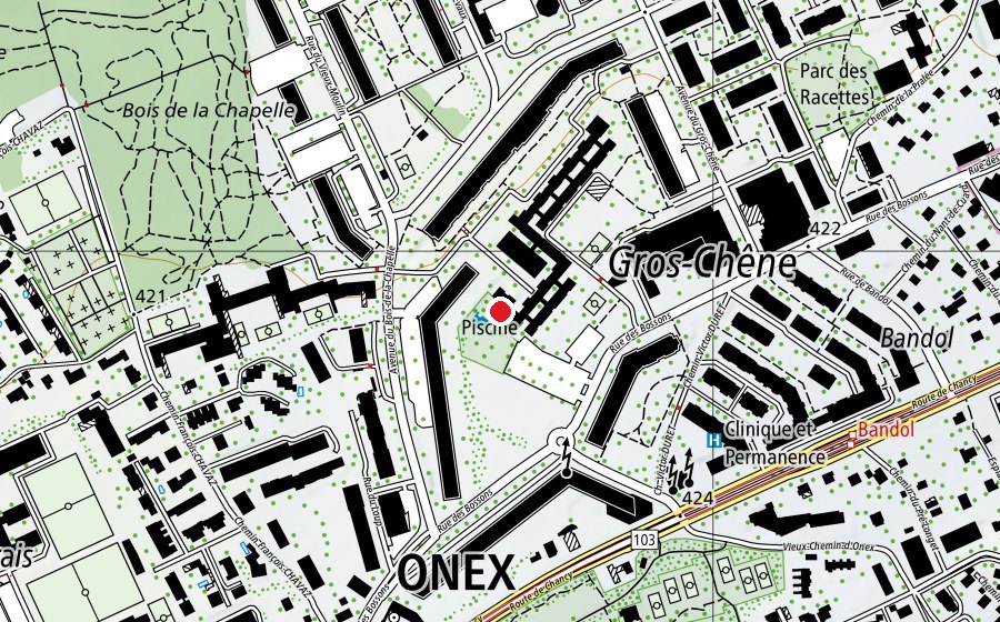 Karte mit dem Standort von Piscine Municipale d’Onex-Parc (Sportanlage)