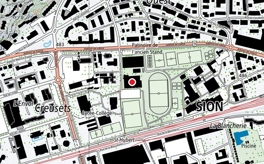 Carte indiquant l’emplacement de Piscine olympique couverte de l'Ancien Stand (Centre sportif)