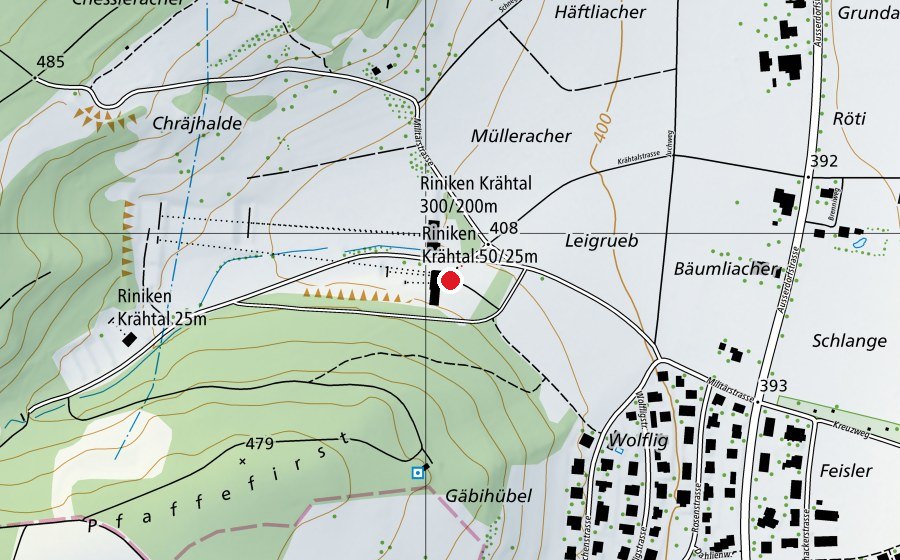 Map showing the location of Pistolenschiessanlage 50m/25m Krähtal (Sports centre)