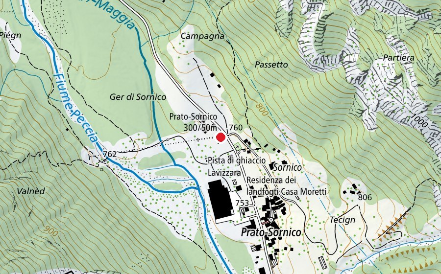 Map showing the location of Prato-Sornico 300/50 m (Sports centre)