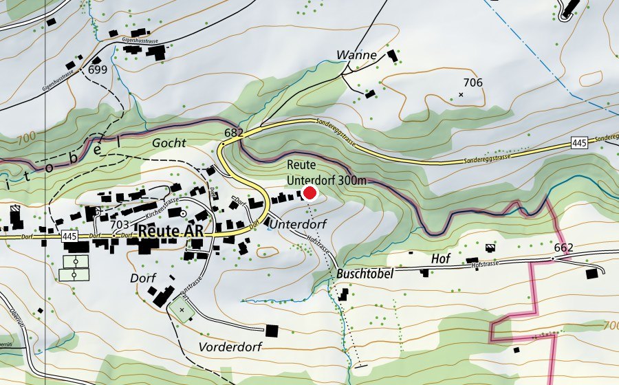 Mappa con la posizione di Reute Unterdorf 300 m (Centro sportivo)