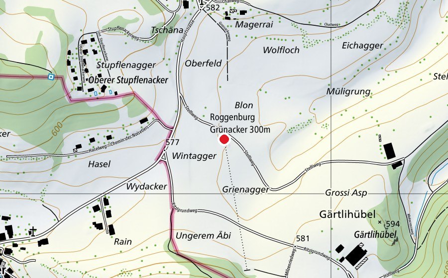 Carte indiquant l’emplacement de Roggenburg Grünacker 300 m (Centre sportif)
