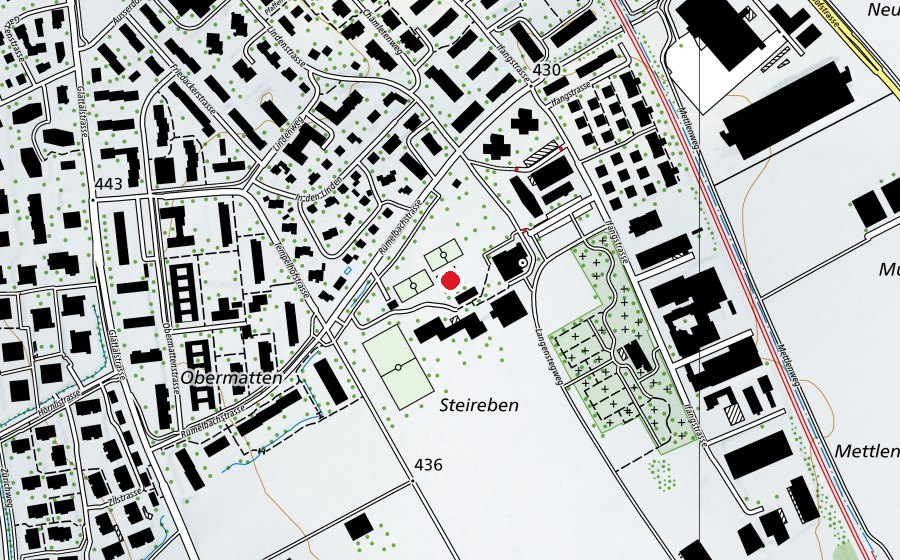 Map showing the location of Rümelbach Turnhalle (Sports centre)