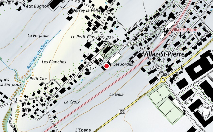 Carte indiquant l’emplacement de Salle polyvalente de Villaz-St-Pierre, Villarimboud, Lussy (Centre sportif)