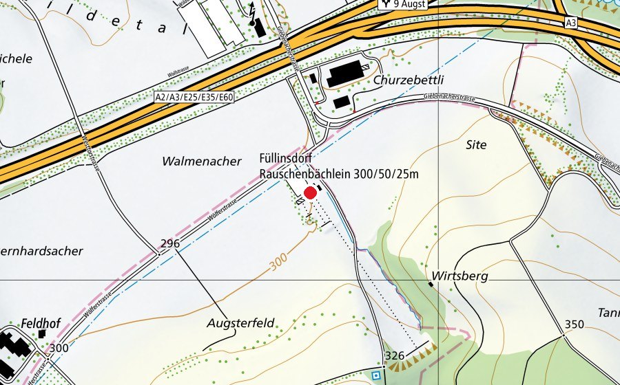 Carte indiquant l’emplacement de Schiesssport Rauschenbächlein der Gemeinden Füllinsdorf, Augst, Kaiseraugst, Arisdorf und Giebenach (Centre sportif)