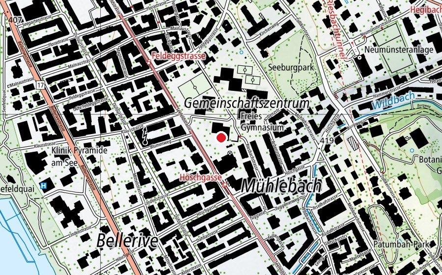 Karte mit dem Standort von Schulschwimmanlage Riesbach (Sportanlage)