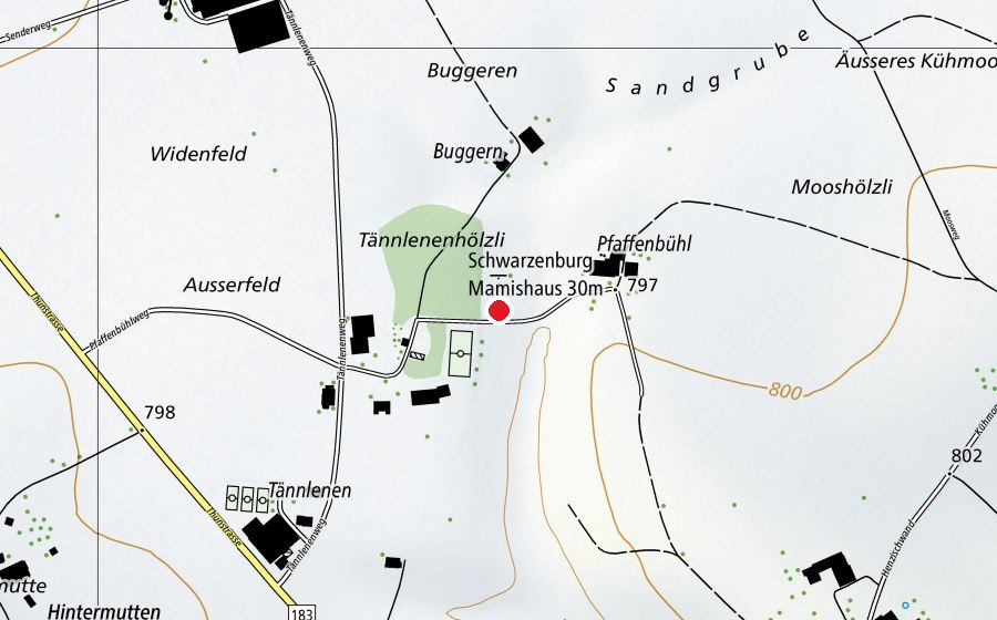 Map showing the location of Schwarzenburg Mamishaus 30 m (Sports centre)
