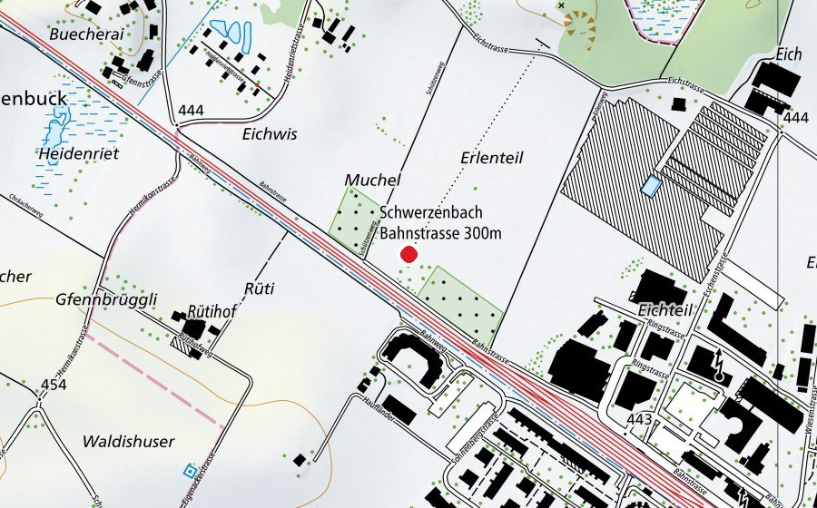 Carte indiquant l’emplacement de Schwerzenbach Bahnstrasse 300 m (Centre sportif)