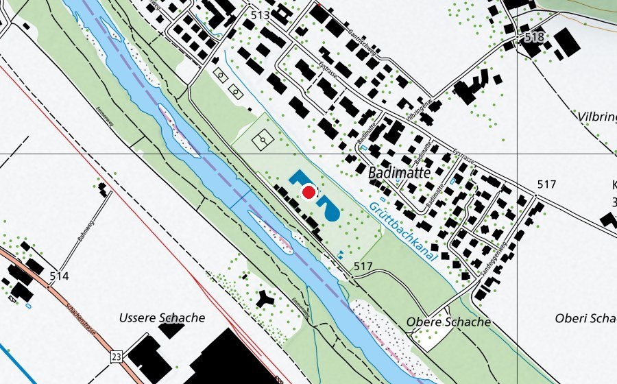 Karte mit dem Standort von Schwimm- und Freizeitanlage Schachen, Kirchberg (Sportanlage)