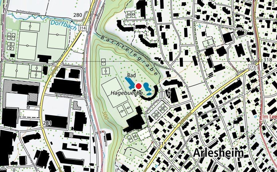 Map showing the location of Schwimmbad Arlesheim (Sports centre)