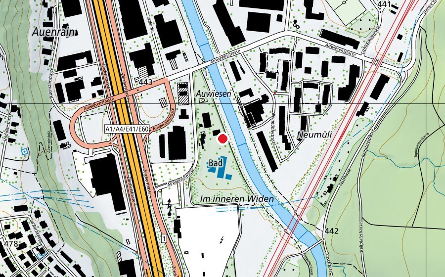 Map showing the location of Schwimmbad Auwiesen-Töss (Sports centre)