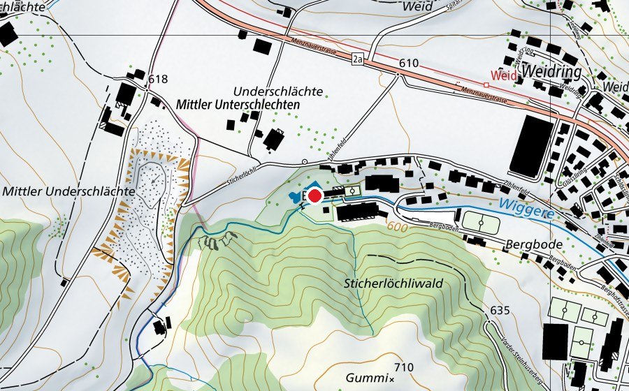 Karte mit dem Standort von Schwimmbad Bergboden (Sportanlage)