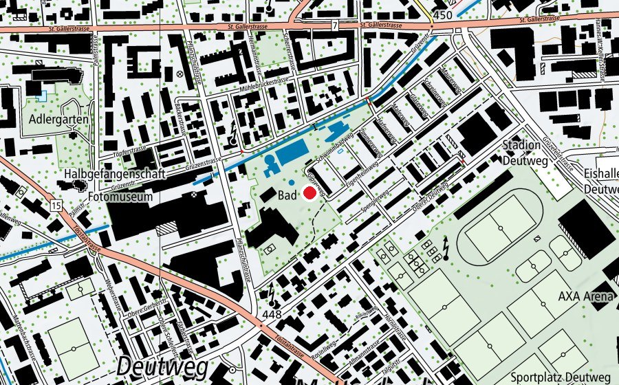 Map showing the location of Schwimmbad Geiselweid (Sports centre)