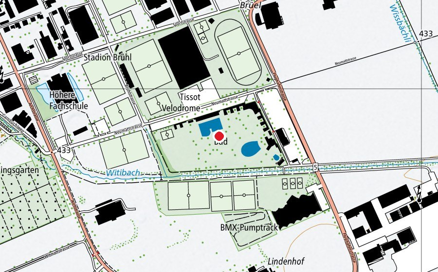 Map showing the location of Schwimmbad Grenchen (Sports centre)
