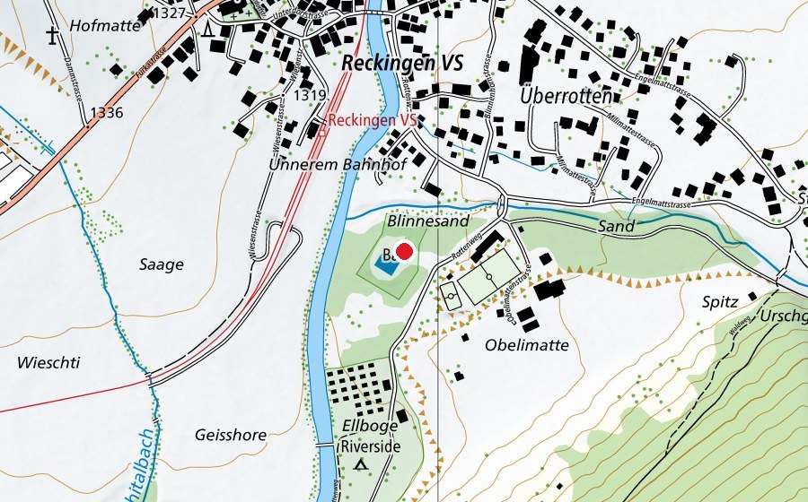 Carte indiquant l’emplacement de Schwimmbad Reckingen (Centre sportif)