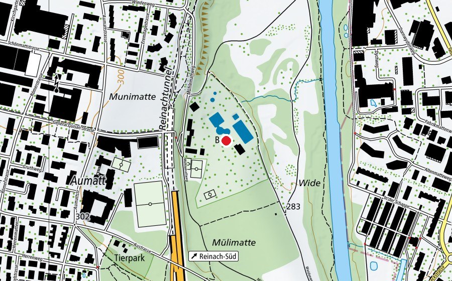 Map showing the location of Schwimmbad Reinach (Sports centre)