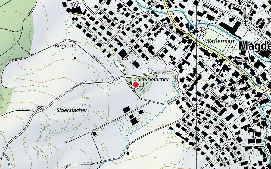 Map showing the location of Schwimmbad Schibelacher (Sports centre)