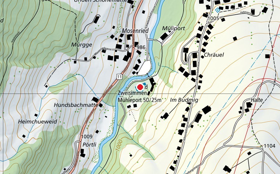 Karte mit dem Standort von Schwimmbad Zweisimmen (Sportanlage)
