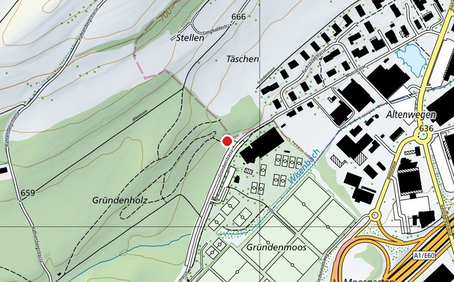 Map showing the location of Seilpark Gründenmoos (Sports centre)