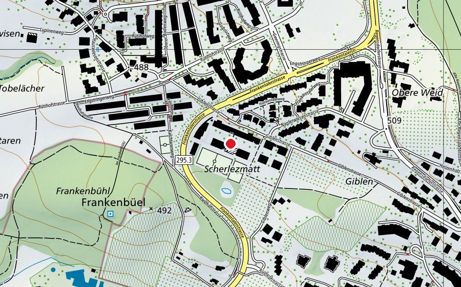 Map showing the location of Sport-/Turnhalle Rütihof 1+2 (Sports centre)